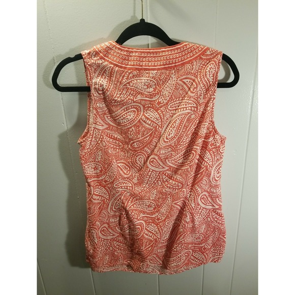 Carole Little Womans L Orange White  Paisley S/S Blouse Linen Blend Coastal Boho - Picture 2 of 5